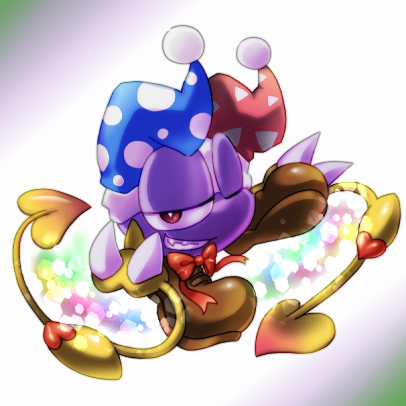 bow_(feature) bow_tie claws clothing fangs fool's_hat footwear gradient_background hat headgear headwear looking_at_viewer male not_furry one_eye_closed purple_body purple_skin red_eyes shoes simple_background smile solo teeth wink box_xod kirby_(series) nintendo marx_(kirby) waddling_head 1:1