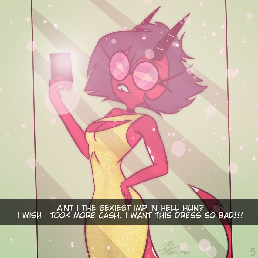 anthro black_hair breasts bright clothed clothing detailed_background dress eyewear female glasses hair horn open_mouth partially_clothed red_body selfie solo teeth text thick_thighs yellow_clothing yellow_dress yellow_sclera kojot helluva_boss snapchat millie_(helluva_boss) demon demon_humanoid humanoid imp 1:1 2023 english_text hi_res shaded simple_shading