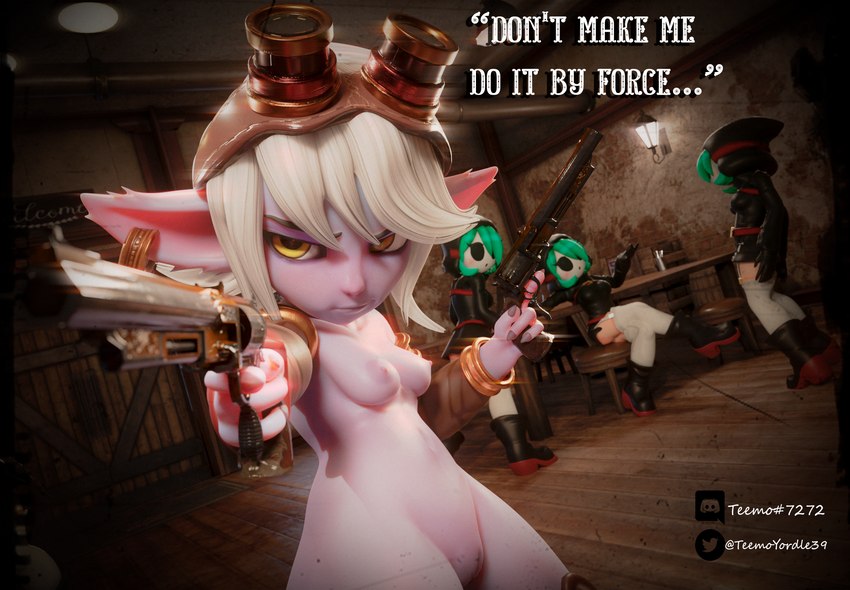 action_pose anthro breasts cinematic female genitals group gun hair long_ears nipples pose poster purple_body pussy ranged_weapon short_stack text thick_thighs weapon white_hair teemoty league_of_legends mario_bros nintendo riot_games tencent tristana_(lol) shyguy yordle 3d_(artwork) absurd_res digital_media_(artwork) english_text hi_res