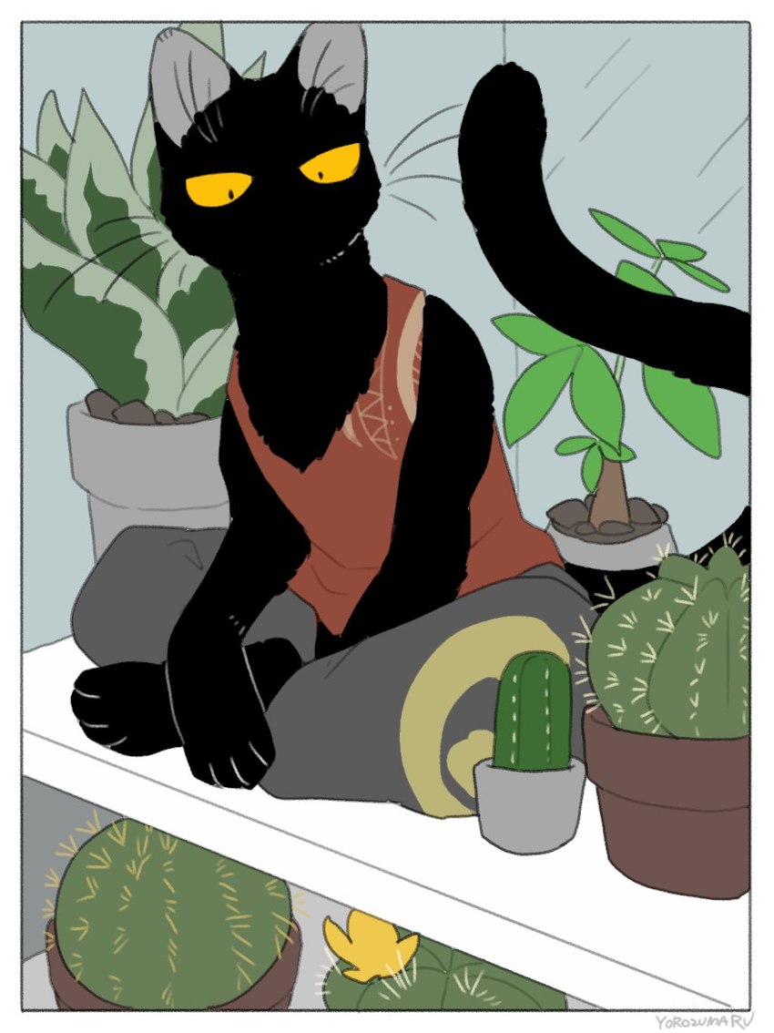 ambiguous_gender anthro black_body cactus paws plant solo tail whiskers yellow_eyes yorozumaru urushi_(yorozumaru) domestic_cat felid feline felis mammal 2021 hi_res