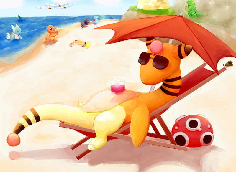 ambiguous_gender beach beverage chair detailed_background eyewear feathered_wings feathers feral food furniture group head_wings lounging nude outside sand seaside solo_focus sunglasses unusual_wing_placement wings air6ornepig nintendo pokemon ampharos canid canine charmander dwebble generation_1_pokemon generation_2_pokemon generation_3_pokemon generation_5_pokemon mammal pokemon_(species) sharpedo shuckle stunfisk totodile tyranitar wartortle wingull zorua hi_res