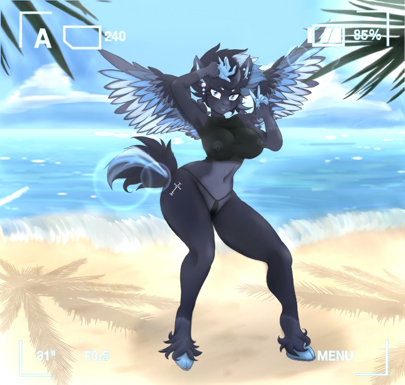 anthro beach blue_eyes breasts camera_view clothed clothing cloud cutie_mark detailed_background ear_piercing feathered_wings feathers female fur genitals gesture hair hand_gesture hand_on_head horn lens_flare lips looking_at_viewer navel nipple_piercing nipples outside photo_shoot piercing pose pussy sand sea seaside shirt skimpy sky solo stare topwear translucent translucent_clothing v_sign water wet wings veck hasbro my_little_pony mythology fan_character mileeni equid equine mammal mythological_creature mythological_equine unicorn 2015 hi_res