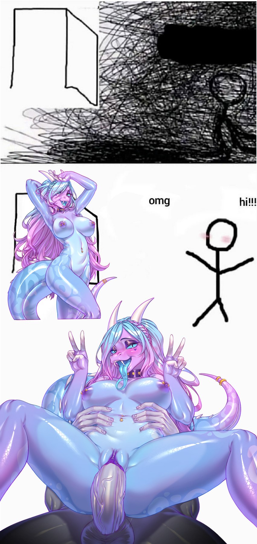 anthro anthro_penetrated areola bedroom_eyes blue_body blue_eyes blue_hair blue_scales blue_tongue blush breasts dialogue fangs female female_penetrated forked_tongue genitals gesture glistening glistening_body hair hand_gesture happy happy_sex horn human_penetrating looking_at_viewer looking_pleasured male male/female male_on_anthro male_penetrating male_penetrating_anthro male_penetrating_female narrowed_eyes navel navel_piercing nipples nude penetration penile penile_penetration penis_in_pussy piercing pink_hair pupils purple_areola purple_nipples purple_pussy pussy scales seductive sex slit_pupils solo stick_figure tail teeth text tongue tongue_out v_sign vaginal vaginal_penetration shen_art mythology omg_hi! candii dragon human hybrid mammal mythological_creature mythological_scalie reptile scalie snake absurd_res comic english_text hi_res meme