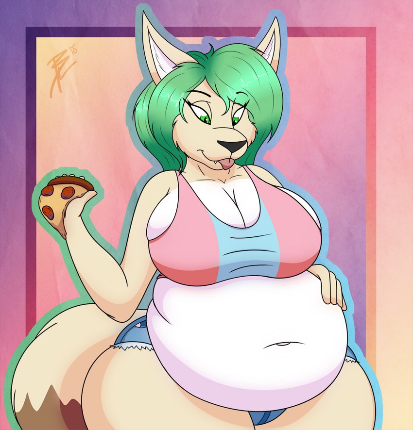 anthro belly belly_overhang big_belly big_breasts black_nose border bottomwear breasts brown_body brown_fur cleavage cleavage_overflow clothed clothing countershade_fur countershade_torso countershading cute_fangs fangs female food fur green_hair hair half-closed_eyes hand_on_belly holding_food holding_object hotpants inner_ear_fluff looking_down narrowed_eyes navel obese obese_anthro obese_female outline overweight overweight_anthro overweight_female pizza shirt shorts simple_background solo tan_body tan_fur tank_top teeth thick_thighs tongue tongue_out topwear tuft weight_gain white_body white_countershading white_fur brasslion hazel_verday domestic_cat felid feline felis hybrid mammal procyonid raccoon 2018 signature