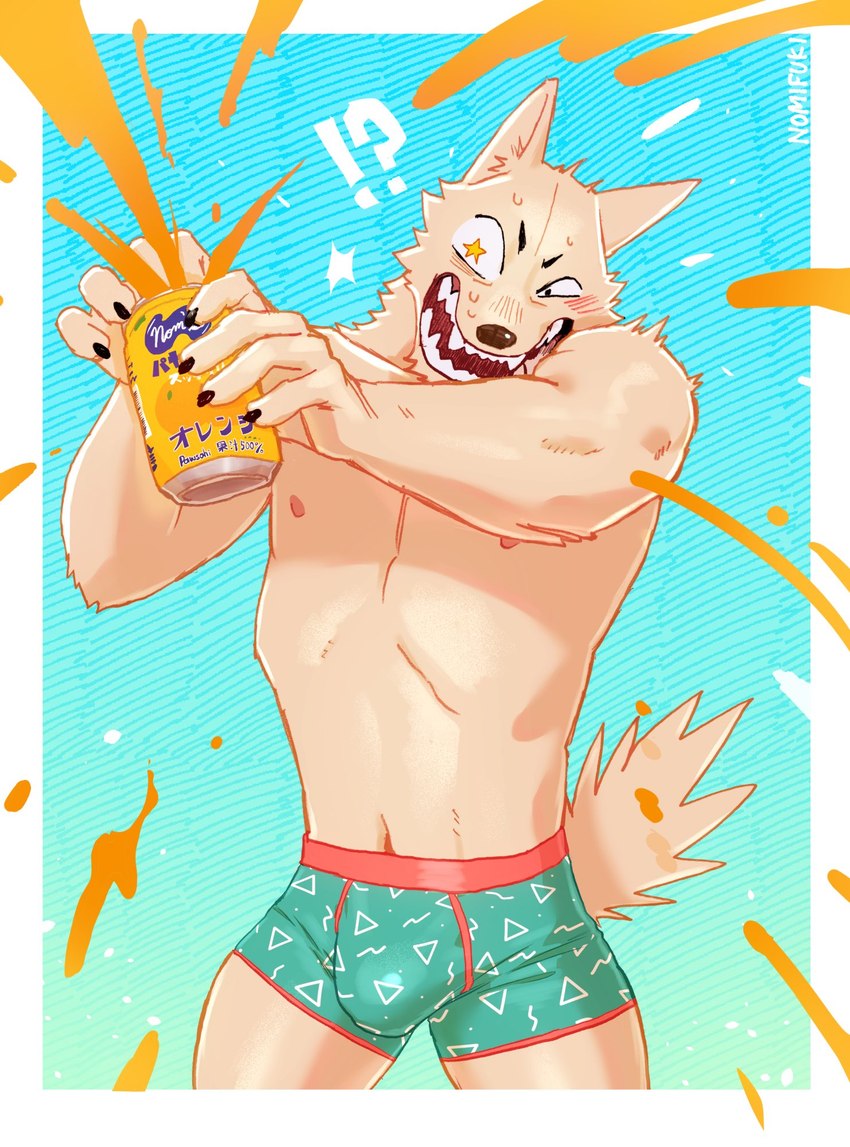 ?! anthro barazoku beverage beverage_can big_bulge blue_background bodily_fluids border bulge can claws clothed clothing container detailed_bulge eyebrows fur holding_beverage holding_can holding_container holding_object kemono male muscular muscular_anthro muscular_male narrowed_eyes navel nipples open_mouth open_smile sharp_teeth simple_background smile soda solo standing star_eyes surprised_expression sweat teeth text topless topless_anthro topless_male tuft underwear underwear_only white_border nomifuki shiro_(nomifuki) canid canine canis domestic_dog mammal 2023 artist_name hi_res japanese_text