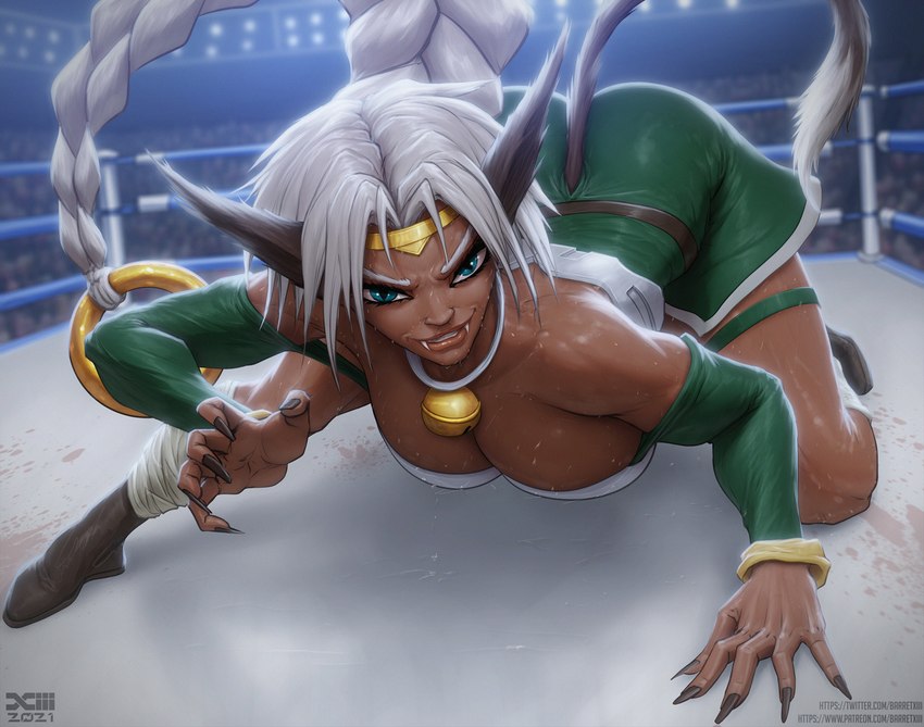 5_fingers bell bell_collar blue_eyes breasts claws clothed clothing collar dark_body dark_skin fangs female fighting_ring finger_claws fingers hair jingle_bell long_hair muscular muscular_female muscular_humanoid pupils slit_pupils solo teeth text white_hair barretxiii outlaw_star aisha_clanclan animal_humanoid ctarl-ctarl felid felid_humanoid humanoid mammal mammal_humanoid 2021 url