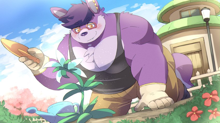 anthro blush bottomwear clothing detailed_background eyewear garden gardening glasses humanoid_hands kemono male musclegut muscular outside purple_body shirt shorts solo topwear ayame42612 canid canine canis hybrid lagomorph leporid mammal rabbit wolf 16:9 2023 4k absurd_res hi_res widescreen