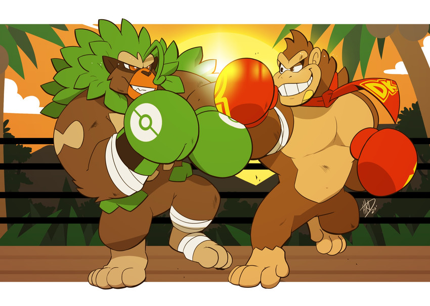 anthro boxing boxing_gloves brown_body brown_fur clothing duo fighting_ring fur green_hair grin hair handwear leaf leaf_hair male muscular muscular_male outside pecs plant plant_hair pseudo_hair smile sport hikazedragon donkey_kong_(series) nintendo pokemon donkey_kong_(character) generation_8_pokemon mammal pokemon_(species) primate rillaboom hi_res