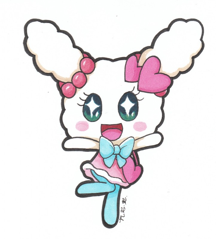 big_eyes clothing dress female green_eyes happy heart_symbol legwear looking_at_viewer open_mouth pose ribbons simple_background solo star_pupils stockings toony white_background heroinemarielys_(artist) tamagotchi lovelitchi humanoid 2014 hi_res signature