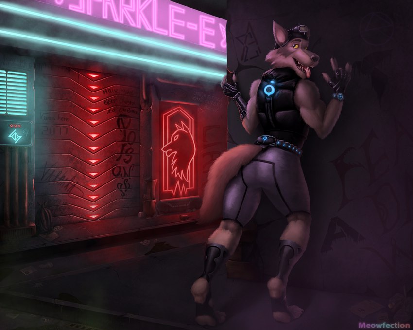 5_fingers against_surface against_wall amazing_background anthro armor backstreet bar belt biceps black_nose bottle bottomwear bracelet bracers broken_glass clock closed_door clothed clothing club container countershade_torso countershading cyberpunk deltoids detailed_background detailed_fur devil_horns_(gesture) digitigrade dirt door electronics fangs feet fingers flashlight fluffy fluffy_tail fog fur garage_door gesture glass gloves glowing graffiti grey_body grey_clothing grey_fur hand_gesture handwear hat headgear headwear highlights_(coloring) jewelry lamp leaning leaning_forward leaning_on_wall legwear light looking_at_viewer male messy metal multicolored_arms multicolored_body multicolored_ears multicolored_fur multicolored_legs muscular muscular_anthro muscular_male neon neon_lights neon_sign newspaper nightclub pants paper pink_tongue purple_light red_light rust shorts sign smile smiling_at_viewer smoke solo standing steam street street_sign synthwave tail teeth teeth_showing toes tongue tongue_out topwear toxic_waste trash trash_bag tube vambrace vest wall_(structure) wall_art watch white_body white_fur window wire yellow_eyes meowfection epic_games fortnite wendell_(fortnite) animal_humanoid canid canid_humanoid canine canis humanoid mammal mammal_humanoid wolf 2024 detailed hi_res lighting shaded