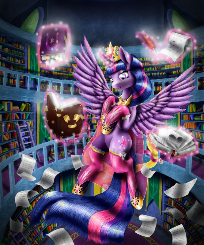 book clothing crown cutie_mark feathered_wings feathers female feral flying fur hair headgear heart_symbol horn inside jewelry ladder library loose_feather magic multicolored_hair necklace paper purple_body purple_eyes purple_feathers purple_fur quill reading smile solo spread_wings wings szafir87 friendship_is_magic hasbro my_little_pony mythology twilight_sparkle_(mlp) equid equine mammal mythological_creature mythological_equine winged_unicorn 2015 5:6 hi_res