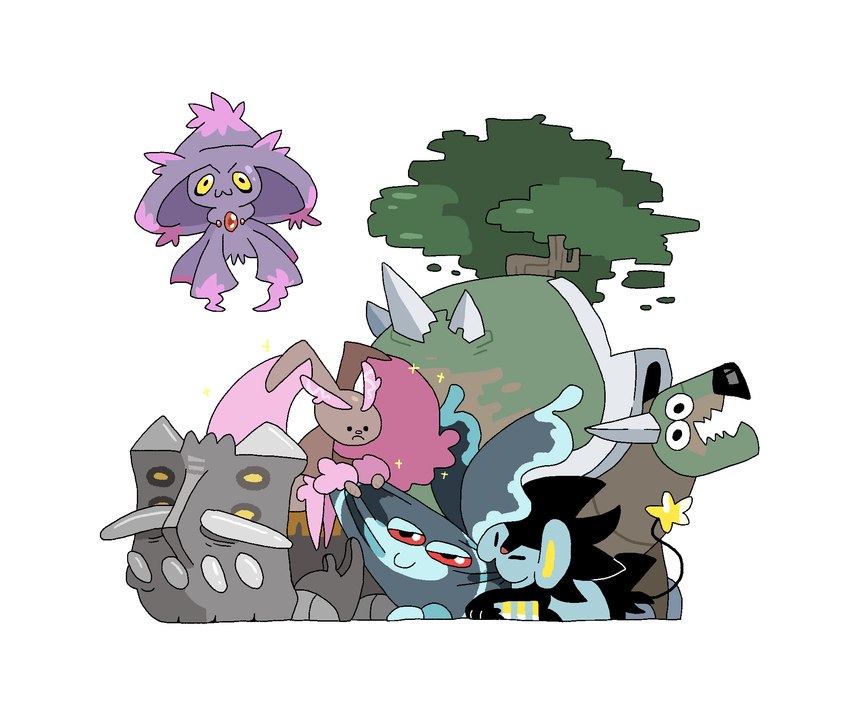 ambiguous_gender anthro biped black_body black_fur blue_body blue_markings brown_body brown_fur chest_gem feral fin floppy_ears fur gem green_shell grey_body group horn jewelry legless markings pink_ears pink_markings plant purple_body quadruped red_eyes shell simple_background spikes tree white_background yellow_inner_ear yellow_markings haveneuh nintendo pokemon bastiodon fossil_pokemon generation_4_pokemon ghost lagomorph lopunny lumineon luxray mammal marine mismagius pokemon_(species) reptile scalie shiny_pokemon spirit torterra cel_shading colored digital_media_(artwork) hi_res shaded