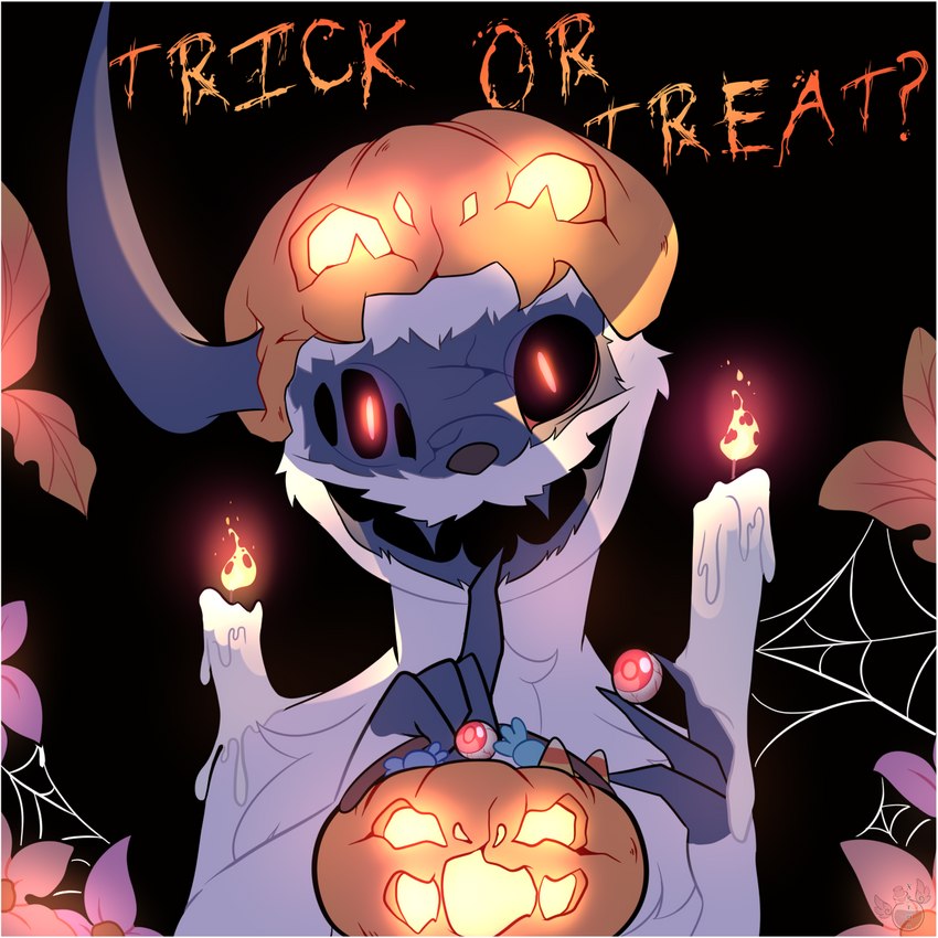 anthro black_background blue_body blue_skin border candle candlelight candy cracked_skin curved_horn dessert flower food fruit fur holidays horn jack-o'-lantern light looking_at_viewer male plant pumpkin simple_background smile solo spider_web white_body white_border white_fur xyrmu halloween nintendo pokemon mash_(character) absol generation_3_pokemon pokemon_(species) undead 1:1 2023 digital_drawing_(artwork) digital_media_(artwork) hi_res