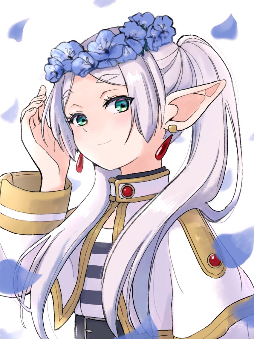 5_fingers clothed clothing eyebrow_through_hair eyebrows female fingers flower flower_crown hair humanoid_pointy_ears not_furry plant pointy_ears smile solo translucent translucent_hair saki_pokeoekaki frieren_beyond_journey's_end frieren elf humanoid 2023 3:4 hi_res