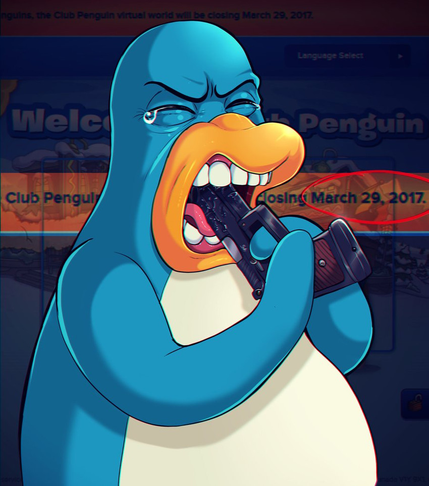 anthro beak blue_body blue_feathers bodily_fluids detailed_background feathers gun gun_in_mouth imminent_death male multicolored_body ranged_weapon saliva solo suicide tears teeth teeth_showing text toothed_beak two_tone_body weapon white_body white_feathers shadman club_penguin avian bird penguin 2017 english_text