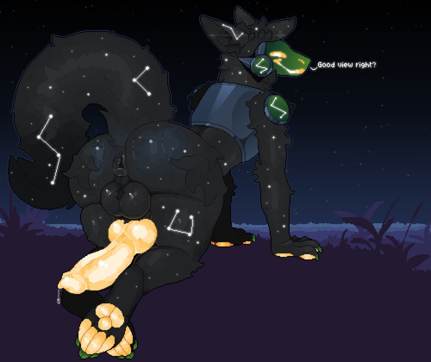 anthro anus balls big_butt blush bodily_fluids butt fur genital_fluids genitals glowing glowing_genitalia glowing_paws glowing_penis knot knotted_penis looking_at_viewer machine male nude open_mouth paws penis simple_background smile solo star stars_in_hair tail text mertvykhcrows canid canine mammal protogen digital_media_(artwork) hi_res pixel_(artwork)