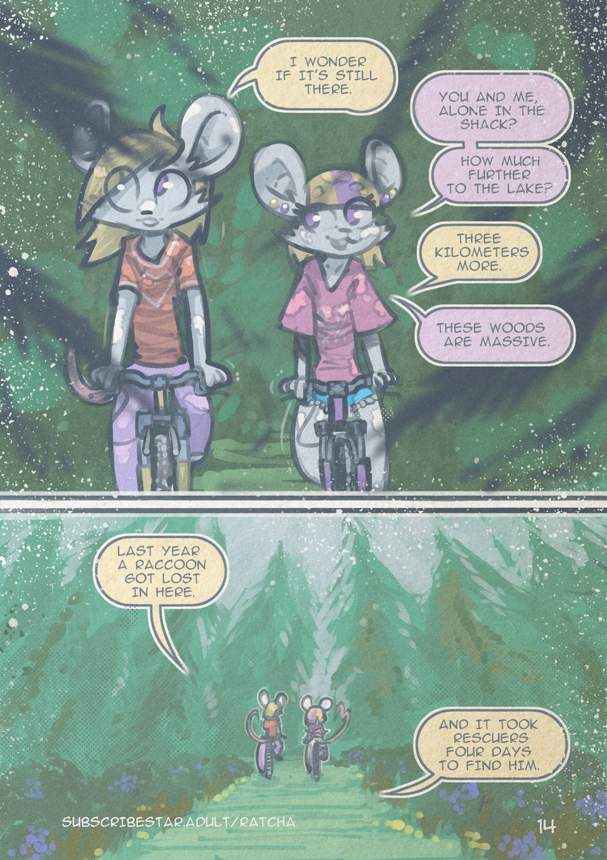 anthro bicycle bottomwear clothed clothing cycling dialogue duo ear_piercing female fur hair male outside piercing shirt speech_bubble tail text topwear vehicle ratcha iris_(ratcha) skye_(ratcha) mammal mouse murid murine rodent 2023 absurd_res comic english_text hi_res brother_(lore) brother_and_sister_(lore) sibling_(lore) sister_(lore) twins_(lore)