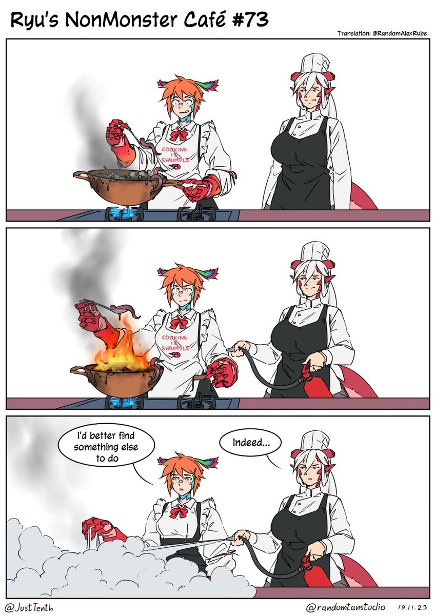 apron big_breasts black_apron black_clothing blue_fire breasts broken_horn clothing colored_fire cooking duo female fire fire_extinguisher food hair holding_object horn orange_hair red_ears red_hands red_horn red_tail shirt simple_background smoke tail text topwear white_apron white_background white_clothing white_shirt white_topwear randomtanstudio mythology chris_(randomtanstudio) ryu_(randomtanstudio) animal_humanoid arthropod arthropod_humanoid crustacean crustacean_humanoid dragon dragon_humanoid humanoid malacostracan mantis_shrimp mantis_shrimp_humanoid marine marine_humanoid mythological_creature mythological_scalie scalie shrimp shrimp_humanoid comic english_text hi_res