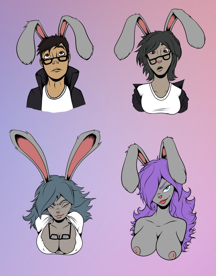 anthro big_breasts breast_growth breasts cleavage clothed clothing eye_color_transformation eyewear fake_ears fake_rabbit_ears female gender_transformation glasses glasses_askew glasses_off growth hair hair_growth human_to_anthro identity_death lipstick long_hair loss_of_self makeup male mtf_transformation nipples purple_hair shirt smile solo species_transformation surprise topless topless_female topwear torn_clothing transformation transformation_sequence canonthought deiser human lagomorph leporid mammal rabbit hi_res