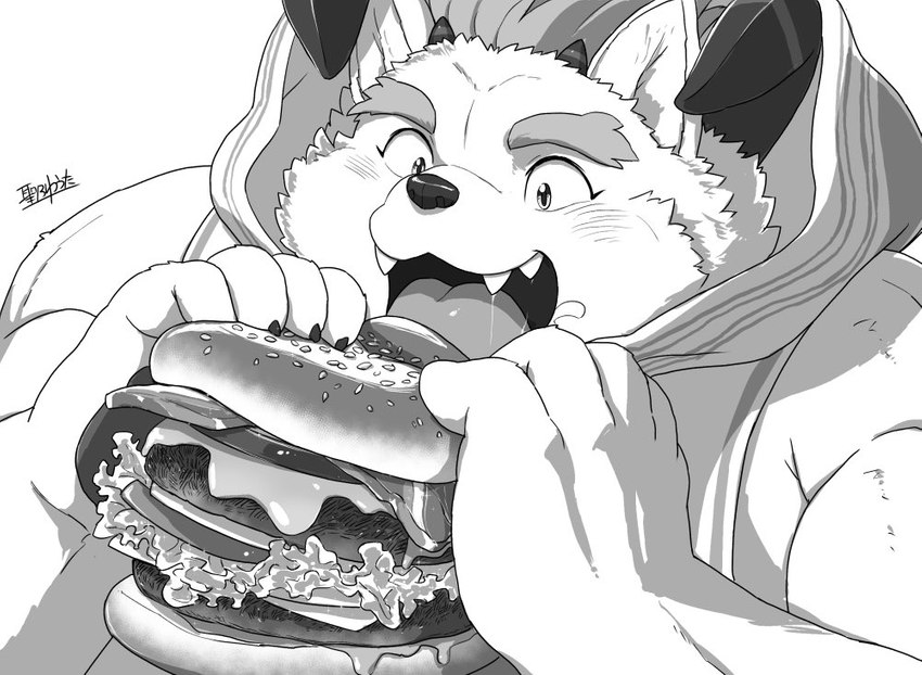 anthro blush bodily_fluids burger clothed clothing eating eyebrows food fur holding_burger holding_food holding_object hoodie horn male open_mouth saliva saliva_string simple_background solo teeth topwear white_background hijirinoyuta lifewonders tokyo_afterschool_summoners behemoth_(tas) monster digital_media_(artwork) monochrome