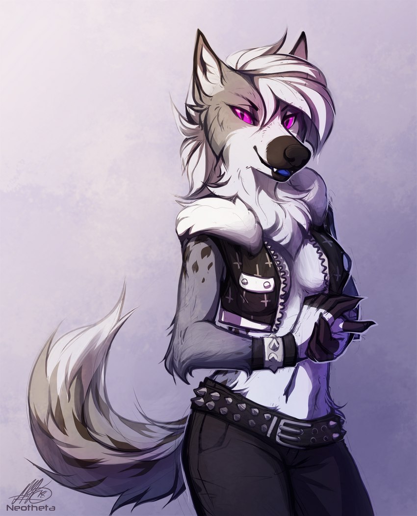 5_fingers anthro black_nose breasts clothed clothing female fingers hair pink_eyes solo tail white_hair neotheta canid canine canis domestic_dog mammal 2018 digital_media_(artwork) hi_res