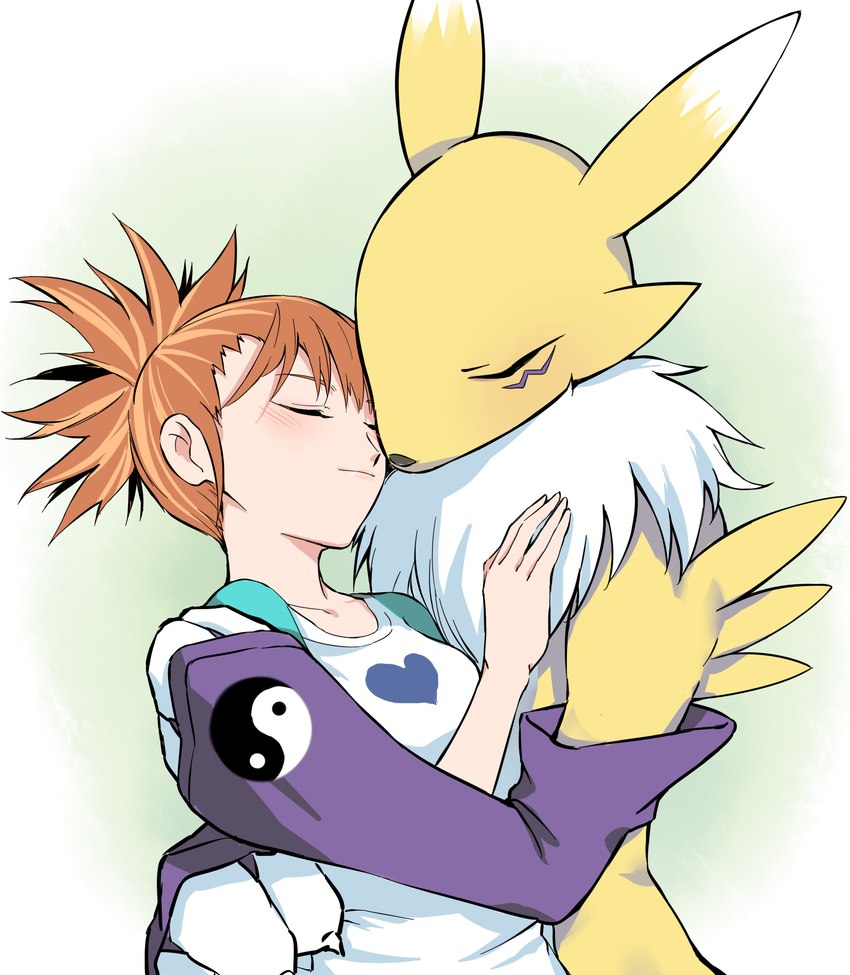 adolescent anthro armwear bridal_gauntlets clothed clothing duo eyes_closed female female/female fur hair hug imminent_kiss love neck_tuft orange_hair romantic romantic_couple tuft yellow_body yellow_fur young young_female young_human sanadamakomi bandai_namco digimon rika_nonaka canid canine digimon_(species) human mammal renamon hi_res