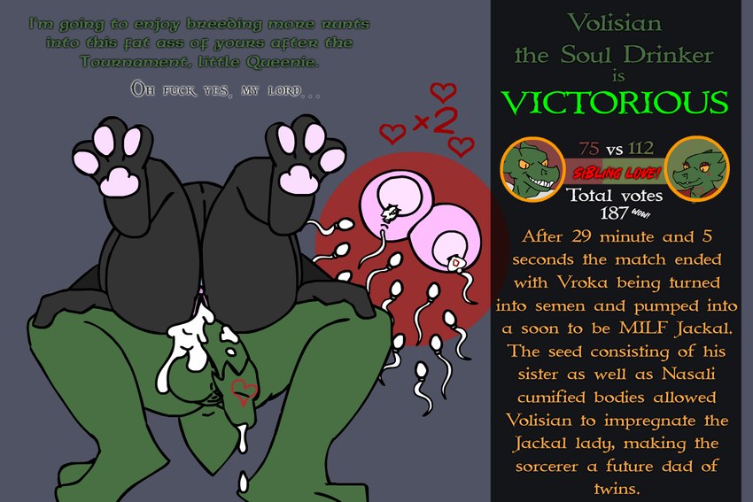 after_sex after_vore anthro bodily_fluids cum cum_inside death duo fatal fatal_vore female genital_fluids impregnation leaking_cum male male/female multiple_ova ovum sperm_cell text tournament vore kakroon canid canine canis jackal lizard mammal reptile scalie 3:2 english_text incest_(lore)