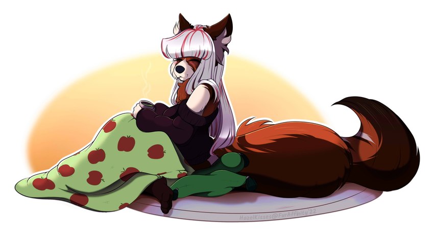 anthro bedding beverage big_tail blanket blush clothing female hair pillow pink_hair simple_background smile smiling_at_viewer solo sweater tail tea topwear white_hair hazelkisses zelena_larkin ailurid mammal red_panda