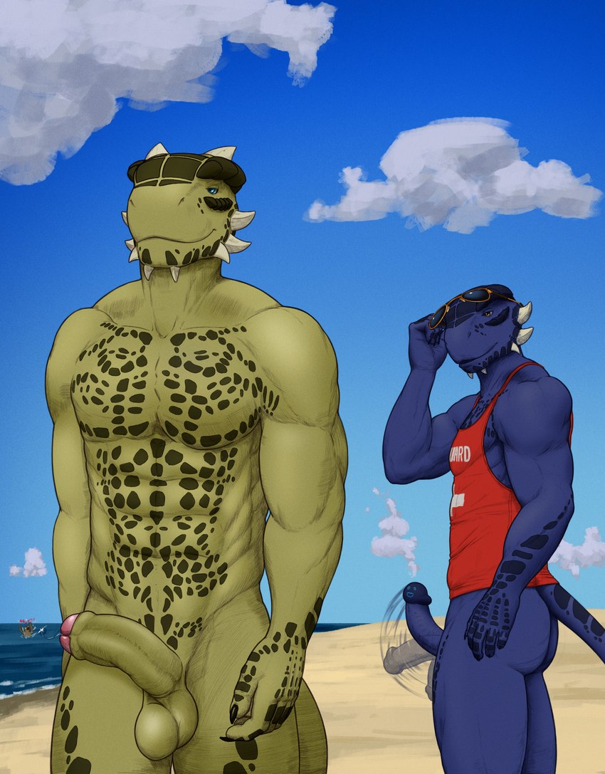 anthro balls beach becoming_erect blue_body blue_eyes blue_glans blue_penis blue_scales bodily_fluids bottomless bottomless_anthro bottomless_male butt casual_erection clothed clothing dickface duo_focus erection eyewear foreskin genital_fluids genitals glans green_balls green_penis group horn humanoid_genitalia humanoid_penis lifeguard looking_at_another looking_at_butt male male/male muscular muscular_anthro muscular_male nude nude_anthro nude_male outside penis pink_glans precum scales seaside shirt sky smile spikes sunglasses tank_top text text_on_clothing text_on_shirt text_on_tank_top text_on_topwear topwear trio water tall_lizzard_(artist) microsoft the_elder_scrolls shen_(archshen) tristen argonian reptile scalie digital_media_(artwork) hi_res