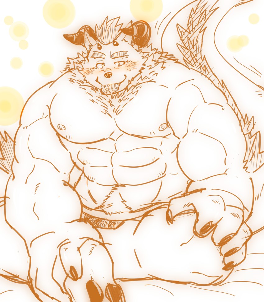 abs anthro blush eyebrows horn male muscular muscular_anthro muscular_male nipples pecs sitting solo thick_eyebrows tongue tongue_out moku_nameko lifewonders tokyo_afterschool_summoners behemoth_(tas) monster absurd_res hi_res