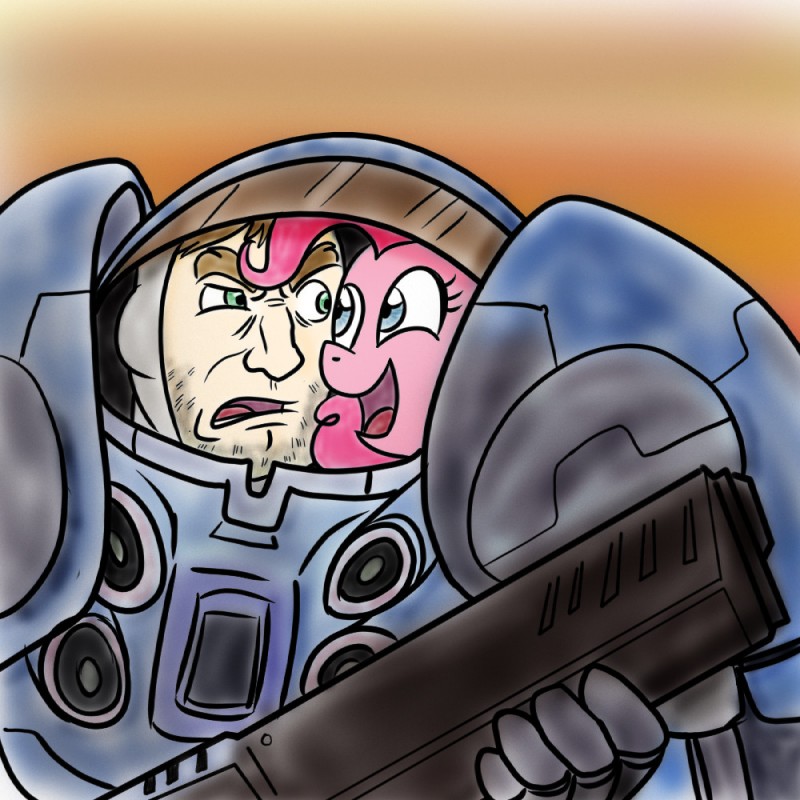 armor blue_eyes brown_hair confusion duo female fur green_eyes gun hair machine male pink_body pink_fur pink_hair power_armor ranged_weapon simple_background space_marine stubble weapon madmax blizzard_entertainment friendship_is_magic hasbro my_little_pony starcraft james_raynor jim_raynor pinkie_pie_(mlp) terran_marine_(starcraft) earth_pony equid equine horse mammal marine pony terran 1:1 crossover meme