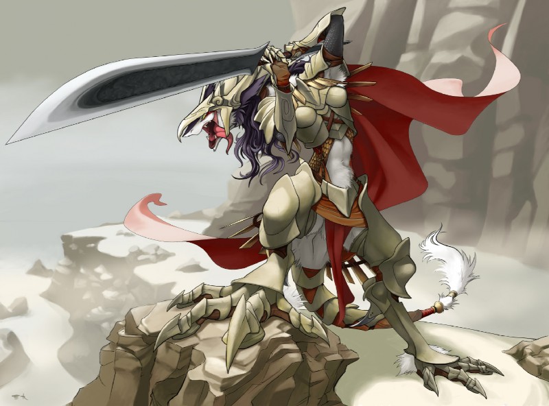 anthro armor armpit_hair body_hair boob_armor bottomwear breastplate claws cloak clothing crotch_apron female fur greaves headgear helmet holding_melee_weapon holding_object holding_sword holding_weapon loincloth melee_weapon mountain pauldron pawpads pink_tongue platemail rock scalemail snow solo sword tail tail_tuft tongue tongue_out tuft weapon white_body white_fur mick39 rain_silves mammal sergal wallpaper