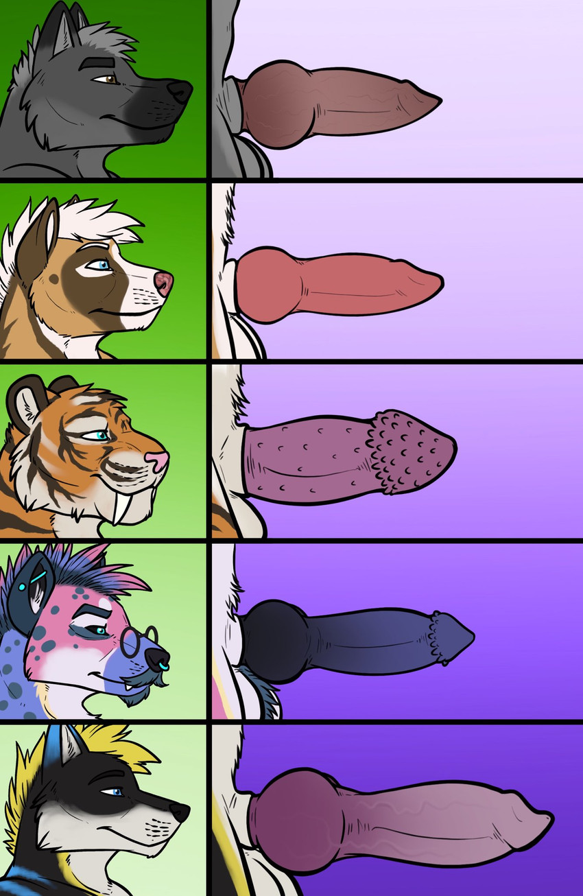 animal_genitalia animal_penis anthro ball_tuft balls black_nose black_sclera blonde_hair blue_eyes blue_hair blue_penis brown_eyes canine_genitalia canine_penis chart cheek_tuft ear_piercing erection eyewear facial_hair facial_markings facial_piercing facial_spots facial_tuft fangs fur genitals glasses glistening glistening_eyes goatee gradient_penis grey_balls grey_sheath hair head_markings industrial_piercing male male_anthro markings mouth_closed multiple_piercings mustache nose_piercing nose_ring nude penile_spines penis penis_chart piercing pink_hair pink_nose purple_penis red_penis ring_piercing round_glasses septum_piercing septum_ring sheath short_hair side_view simple_background solo spots spotted_body spotted_face spotted_fur spotted_neck striped_body striped_face striped_fur striped_neck stripes teeth tuft white_balls white_hair white_sheath hufnaar canid canine felid mammal pantherine species_request tiger hi_res multiple_images