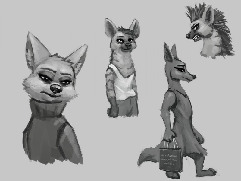 anthro clothed clothing dress group holding_object shirt standing tank_top topwear flakjackal disney pack_street zootopia avo_(weaver) charlie_(weaver) ozzy_(weaver) canid canine canis corsac_fox fox hyena jackal mammal striped_hyena true_fox 4:3 greyscale monochrome