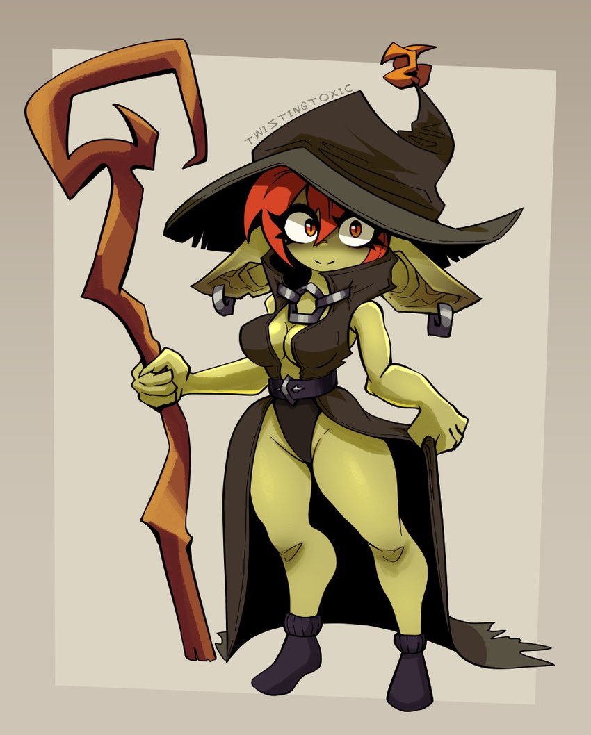 black_clothing black_hat black_headwear breasts cleavage clothed clothing ear_piercing ear_ring female green_body green_skin hair hat headgear headwear humanoid_pointy_ears looking_at_viewer orange_eyes piercing pointy_ears red_hair ring_piercing short_stack simple_background smile solo staff witch_costume witch_hat twistingtoxic gobtober gobtober_2023 goblin humanoid mammal 2023