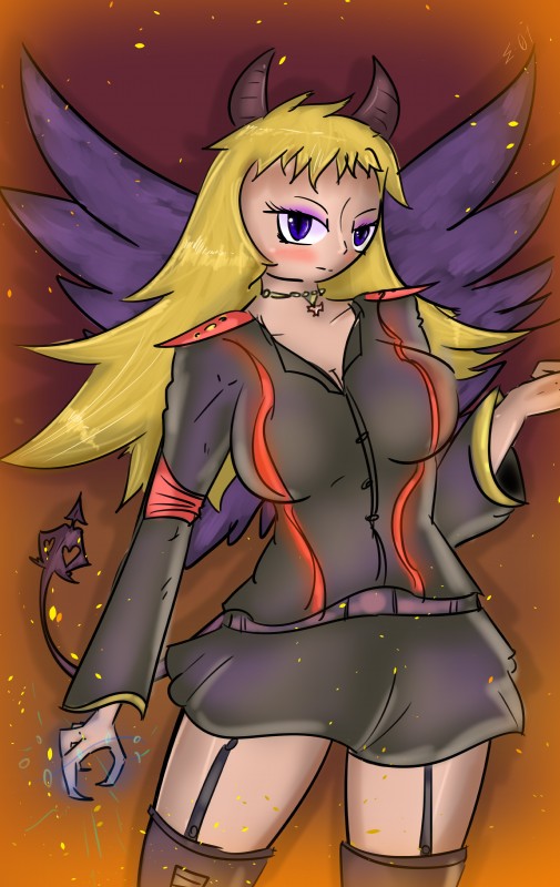 belt big_breasts black_body black_feathers blonde_hair blue_eyes blush boots breasts clothed clothing eyebrows eyelashes feathered_wings feathers female fire footwear glowing hair half-closed_eyes heart_symbol horn jewelry legwear long_hair looking_at_viewer magic narrowed_eyes necklace not_furry powers shoes simple_background solo standing wings cc e-01 demon humanoid mammal 2017 absurd_res digital_media_(artwork) hi_res