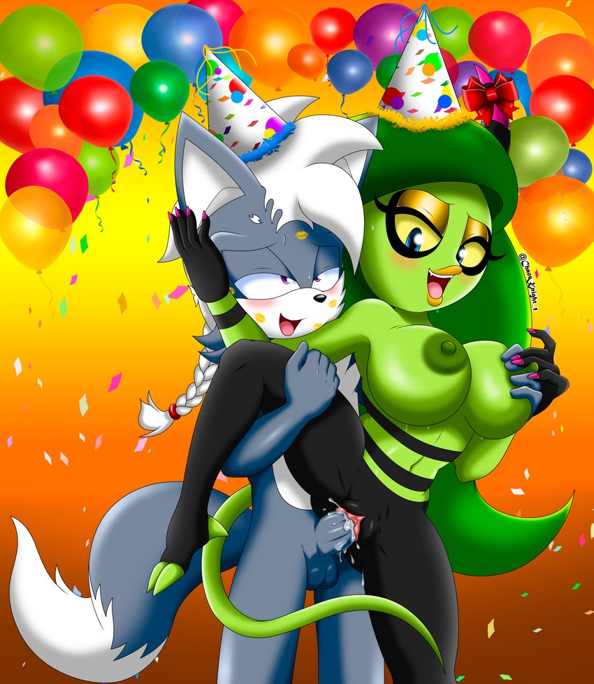 anthro balloon big_breasts birthday birthday_sex blue_eyes blush bodily_fluids breast_grab breasts clothing cum cum_in_pussy cum_inside duo eyeshadow female female_penetrated genital_fluids genitals green_hair green_nipples hair hand_on_breast hat headgear headwear horn inflatable kiss_mark lipstick_on_face looking_pleasured makeup male male/female male_penetrating nails nipples party_hat penetration purple_eyes pussy ribbons sex simple_background smile vaginal vaginal_penetration the_knight sega sonic_the_hedgehog_(series) the_deadly_six tk_the_wolf zeena alien canid canine canis humanoid mammal wolf zeti absurd_res hi_res