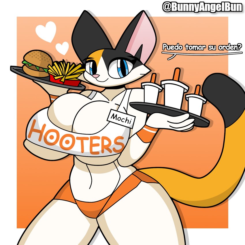 anthro big_breasts breasts clothing dialogue female food fur heart_symbol hooters_uniform looking_at_viewer ordering_food simple_background smile solo text bunnyangelbun hooters mochi_(bunnyangelbun) domestic_cat felid feline felis mammal 2024 4:3 digital_drawing_(artwork) digital_media_(artwork) hi_res spanish_text translated