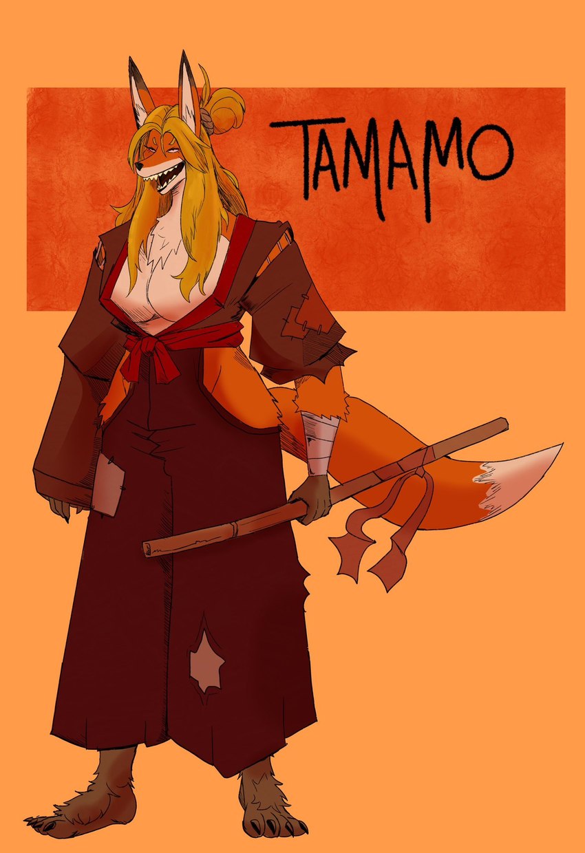 anthro asian_clothing blonde_hair breasts clothing east_asian_clothing female fur hair japanese_clothing katana melee_weapon open_mouth open_smile orange_body orange_fur patched_clothing ragged_clothing red_clothing smile solo sword tan_body tan_fur tied_hair weapon zac_impact tamamo_the_terrible canid canine fox mammal colored hi_res