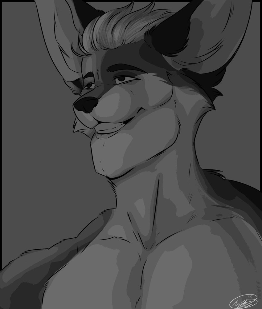 anthro big_chin big_ears cursed_image eyebrows grey_background hair lips male muscular muscular_anthro muscular_male open_mouth pecs simple_background smile solo teeth sweetvixenarts gigachad canid canine fox mammal 2023 greyscale hi_res meme monochrome portrait reaction_image signature