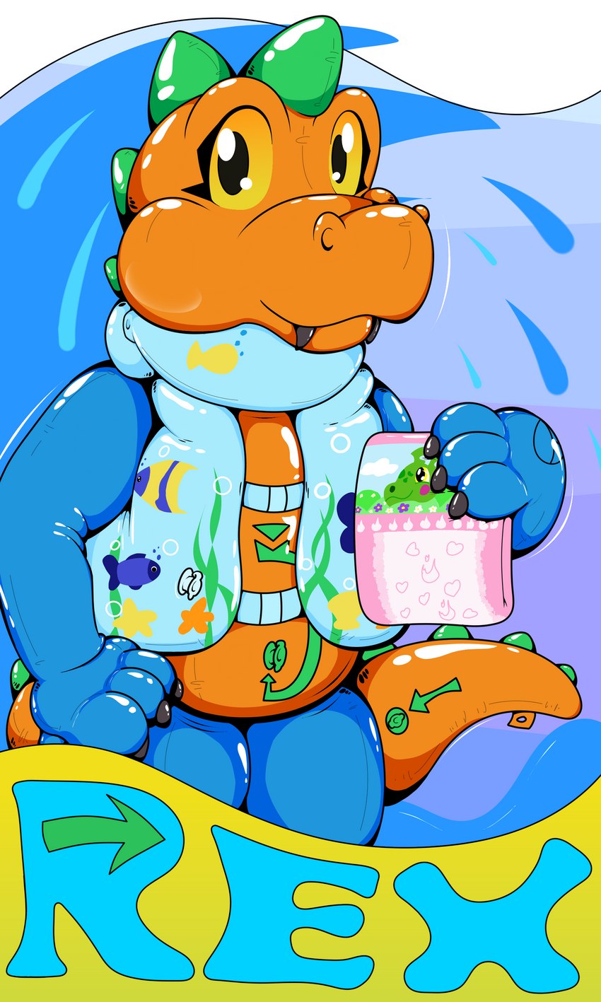 anthro badge clothing diaper hand_on_hip holding_diaper holding_object inflatable looking_at_viewer male pattern_diaper pool_toy solo swim_vest touching_diaper tag_the_tanooki_dragon rex_(zoran) animate_inanimate dinosaur living_inflatable prehistoric_species reptile scalie theropod tyrannosaurid tyrannosauroid tyrannosaurus tyrannosaurus_rex 3:5 absurd_res hi_res