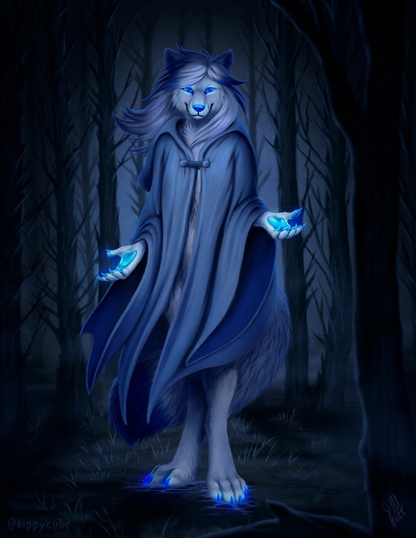 ambiguous_gender anthro blue_body blue_claws blue_eyes blue_fur blue_hair blue_nose blue_pawpads blue_tail claws cloak clothed clothing digitigrade feet forest forest_background fur glowing glowing_eyes glowing_pawpads grass hair ice looking_at_viewer magic magic_user nature nature_background nude partial_nudity partially_clothed pawpads plant solo tail toes tree white_body white_fur white_hair white_tail kippycube amber_puppy canid canine canis mammal wolf herm_(lore)