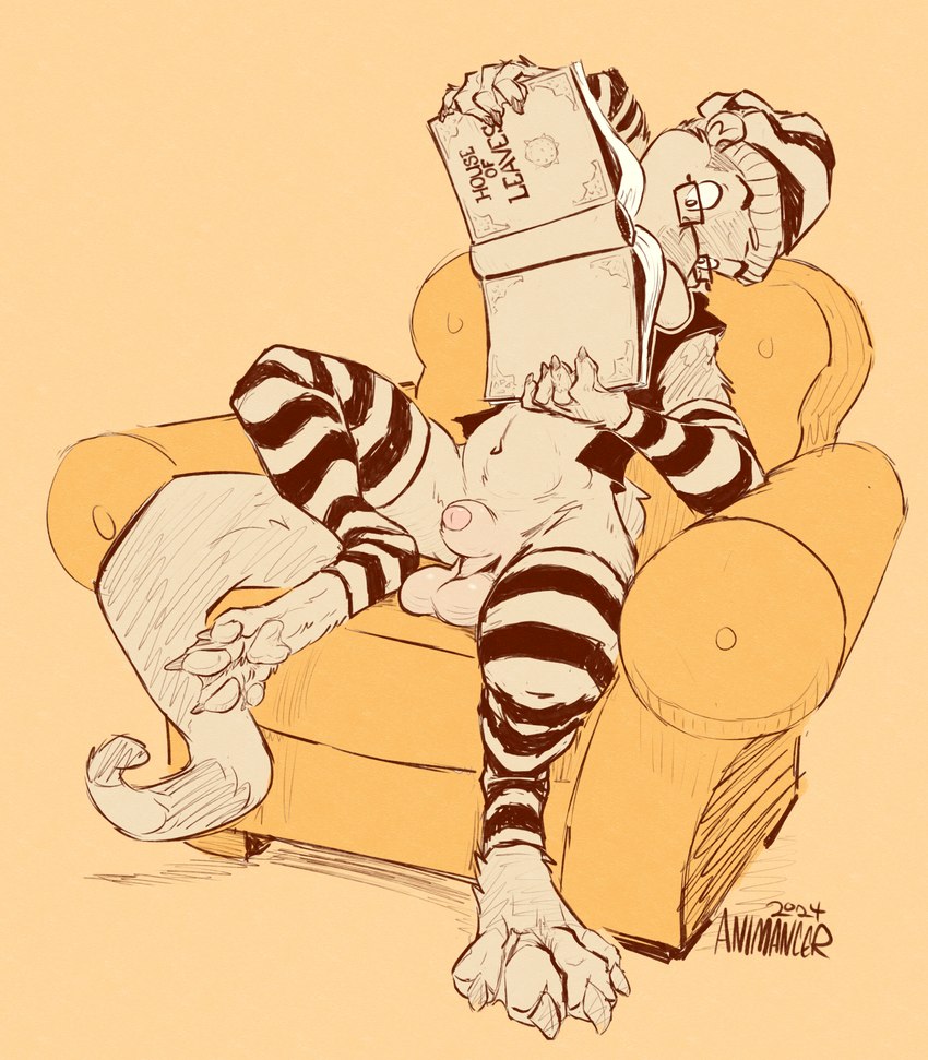 balls book bottomless chair clothed clothing eyewear furniture genitals glasses hat headgear headwear leg_warmers legwear male pattern_clothing pattern_legwear pattern_thigh_highs stockings striped_clothing striped_legwear striped_thigh_highs stripes thigh_highs animancer house_of_leaves coonix 2024 hi_res sketch