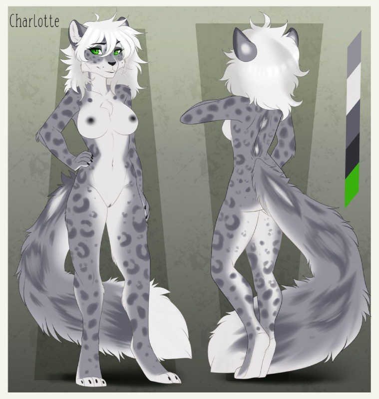 abstract_background anthro black_nipples breasts butt female fur genitals green_eyes hair markings nipples pose pussy solo spots spotted_body spotted_fur white_hair aimi charlotte_tepes_(character) felid mammal pantherine snow_leopard digital_media_(artwork) flat_colors hi_res model_sheet