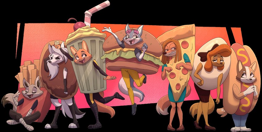 anthro beverage burger burger_costume clothed clothing costume dessert doughnut egg female food food_costume fries geometric_background group hot_dog hot_dog_costume milkshake pastry pizza simple_background standing deadyoung7 bluey_(series) disney dreamworks helluva_boss illumination_entertainment kung_fu_panda mythology sing_(movie) the_bad_guys the_fox_and_the_hound chilli_heeler diane_foxington dixie_(tfath) loona_(helluva_boss) porsha_crystal suki_lane zhen_(kung_fu_panda) australian_cattle_dog canid canid_demon canine canis cattledog corsac_fox demon domestic_dog fox hellhound herding_dog mammal mythological_canine mythological_creature pastoral_dog true_fox wolf 2024 absurd_res alpha_channel crossover digital_media_(artwork) hi_res