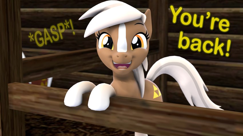 cutie_mark dialogue duo female feral gasp hair happy looking_at_viewer open_mouth open_smile orange_eyes ponification quadruped smile smiling_at_viewer solo_focus stable tail talking_to_viewer text white_hair white_tail yellow_text pika-robo hasbro my_little_pony nintendo the_legend_of_zelda epona_(tloz) earth_pony equid equine horse mammal pony 16:9 3d_(artwork) crossover digital_media_(artwork) english_text hi_res source_filmmaker_(artwork) widescreen