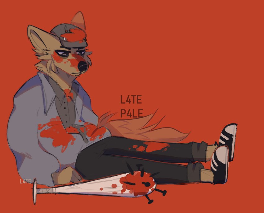 anthro baseball_bat bat_(object) blood blood_on_face bodily_fluids clothing hat headgear headwear male missing_arm nailed_bat red_background sad shirt simple_background topwear 00m4h pablo_(j4m) canid canine mammal