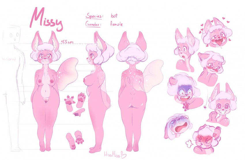 ahegao anthro breasts eyewear female fur genitals glasses heart_eyes heart_symbol looking_pleasured nipples pawpads pink_body pink_fur pussy simple_background solo white_background wings hissmiss missy_(hissmiss) bat mammal model_sheet