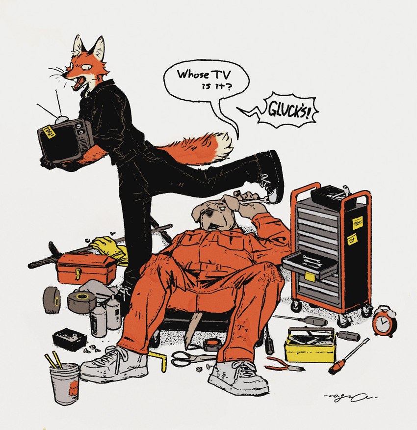 alarm_clock anthro biped black_clothing black_sneakers chopsticks clock clothed clothing coveralls dialogue duo electronics fluffy fluffy_tail footwear holding_object lying male mechanic on_back orange_clothing pliers pockets scissors screwdriver shoes simple_background sneakers spray_can tail tape tape_measure television television_antenna text toolbox tools wheel whiskers white_background white_sneakers wrench mucknagabe canid canine canis domestic_dog fox mammal english_text handwritten_text signature