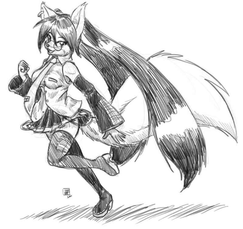 anthro clothing cosplay eyewear female glasses solo tail s-nina vocaloid hatsune_miku s'zira canid canine canis mammal rodent sciurid tree_squirrel wolf 2011 greyscale monochrome